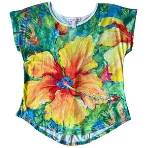 Leoma LoveGrove Cattleya Flower Colorful Studded Rushed Back Women Large Top New